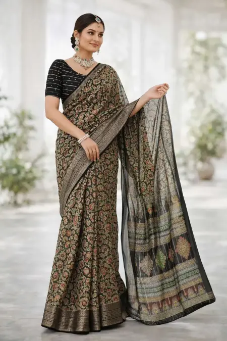 Black, Gold, Grey, Metallic, Silver Banarasi Silk Banarasi Saree (Regular Sari)