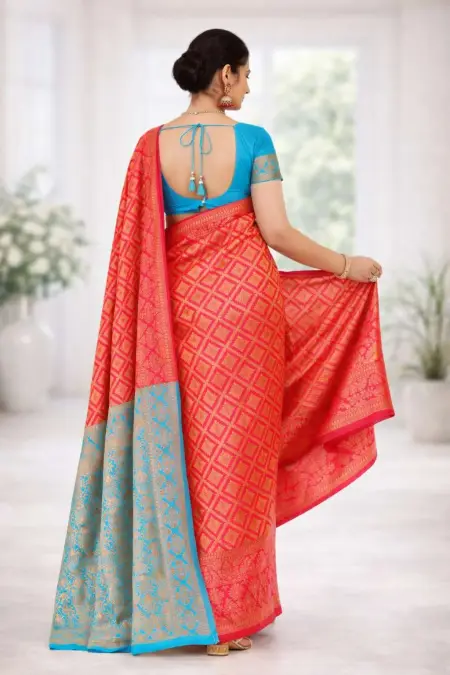 Light Blue, Red Banarasi Silk Banarasi Saree (Regular Sari) view 2