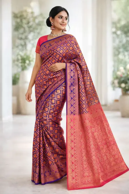 Navy Blue, Pink Banarasi Silk Banarasi Saree (Regular Sari) view 2
