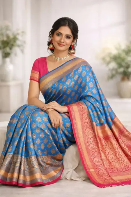Light Blue, Pink Banarasi Silk Banarasi Saree (Regular Sari) view 3