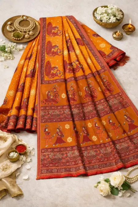 Gajari, Orange Cotton Bandhani Saree (Regular Sari) view 4