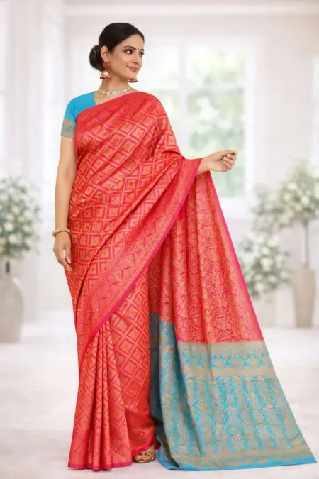 Light Blue, Red Banarasi Silk Banarasi Saree (Regular Sari)