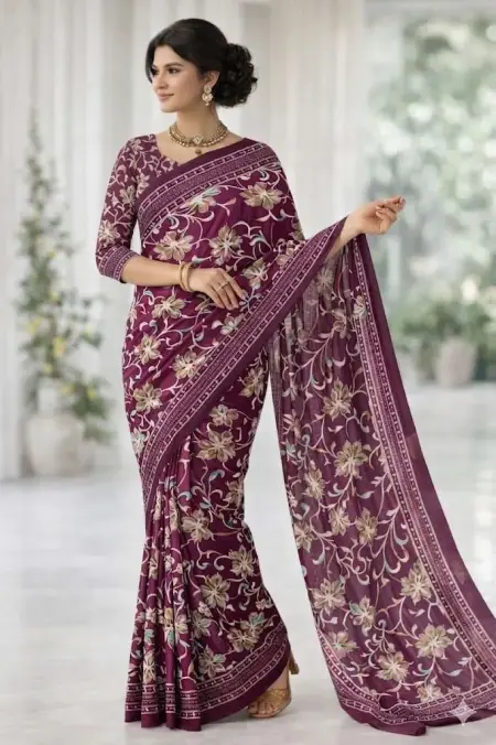 Wine, Burgundy Georgette Bandhani Saree (Regular Sari) view 3