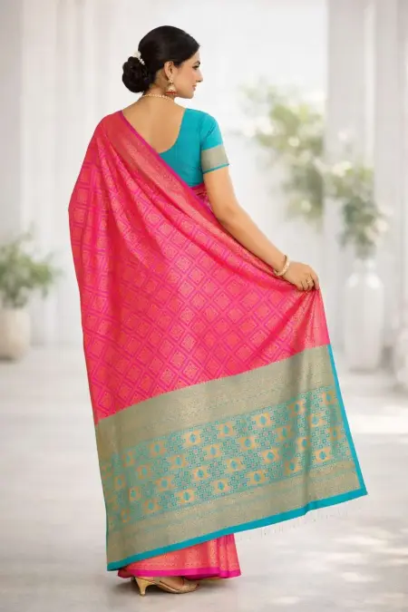 Aqua Blue, Pink Banarasi Silk Banarasi Saree (Regular Sari) view 2
