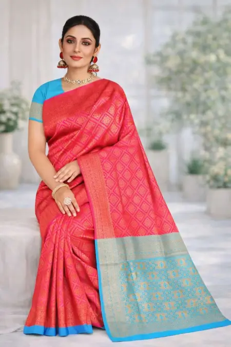 Aqua Blue, Red Banarasi Silk Banarasi Saree (Regular Sari)
