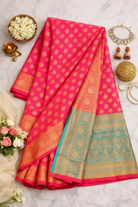 Aqua Blue, Light Blue, Pink Banarasi Silk Banarasi Saree (Regular Sari) view 4