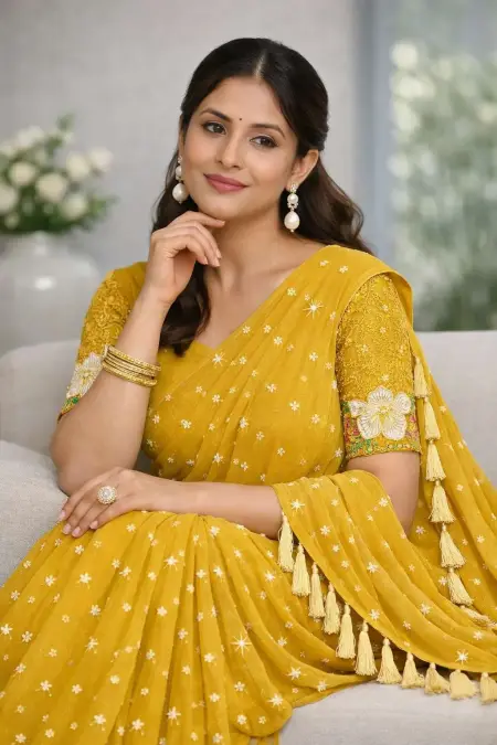 Yellow Georgette Bollywood Saree - Casual (Regular Sari) (Free Size) view 3