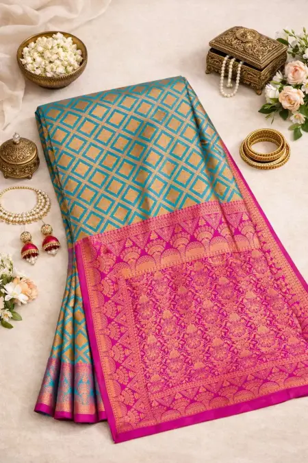 Magenta, Teal Banarasi Silk Banarasi Saree (Regular Sari) view 4