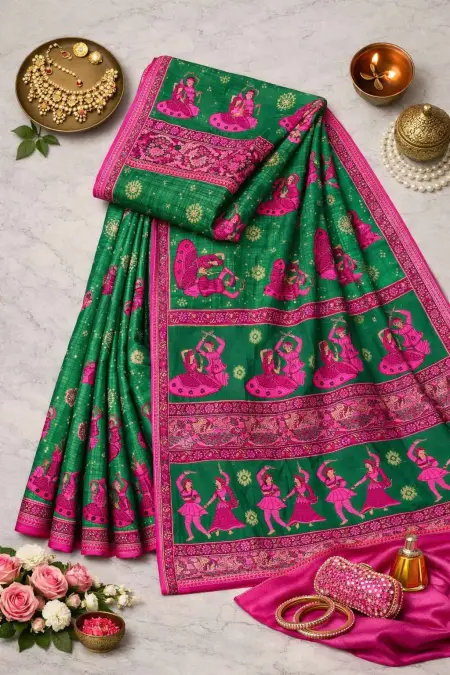 Green, Pink Cotton Bandhani Saree (Regular Sari) view 4