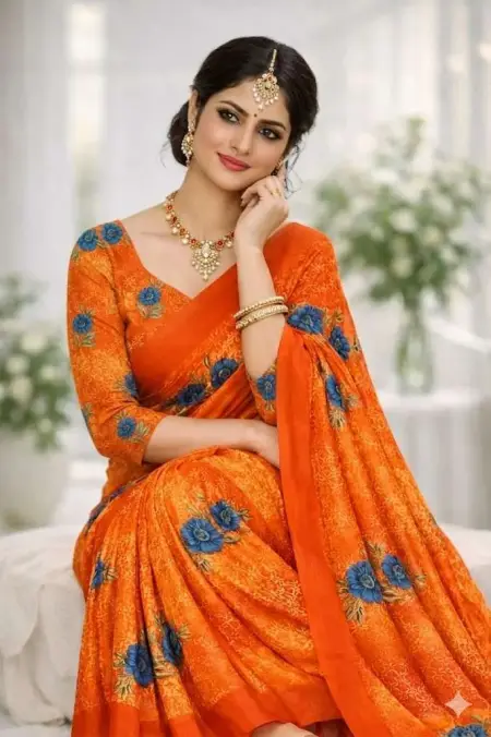 Orange Georgette Bandhani Saree (Regular Sari) view 3