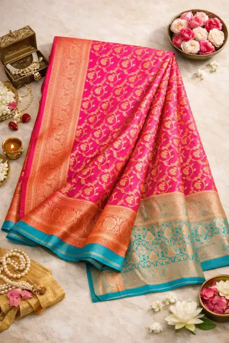 Aqua Blue, Light Blue, Pink Banarasi Silk Banarasi Saree (Regular Sari) view 4