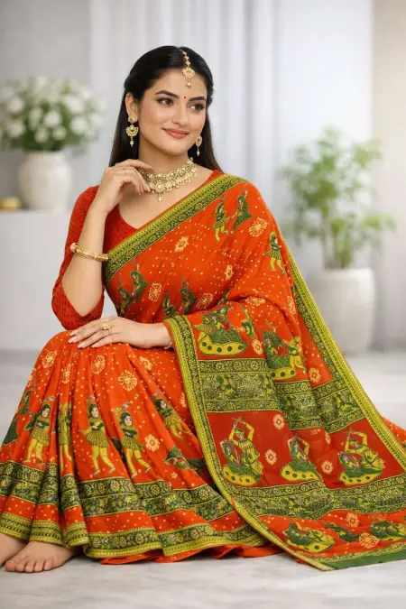 Green, Orange Cotton Bandhani Saree (Regular Sari) view 3