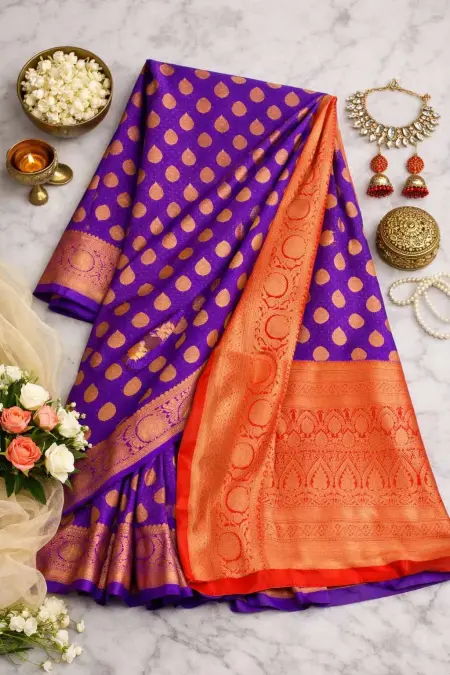 Blue, Indigo, Red Banarasi Silk Banarasi Saree (Regular Sari) view 4