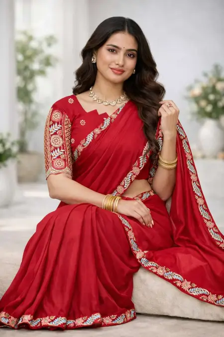 Red Georgette Bollywood Saree - Casual (Regular Sari) (Free Size) view 3