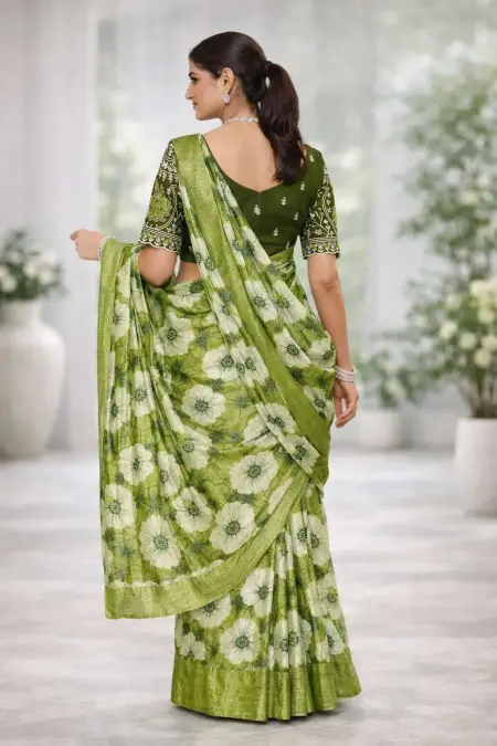 Dark Green, Green, Khaki, Light Green, Mehendi, Olive, Teal Chinon Two Tone Saree (Regular Sari) view 3