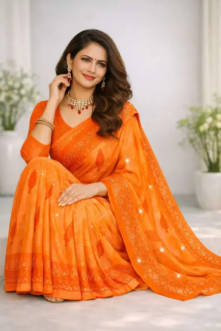 Orange Chiffon Daily Wear Saree (Regular Sari) view 3