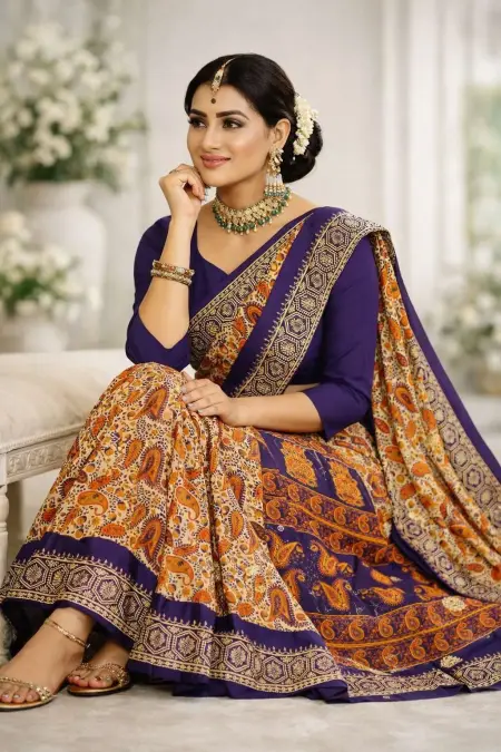 Indigo, Multicolor Cotton Bollywood Saree - Casual (Regular Sari) (Free Size) view 3