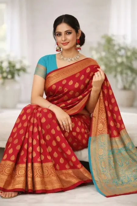 Aqua Blue, Magenta, Red Banarasi Silk Banarasi Saree (Regular Sari) view 3