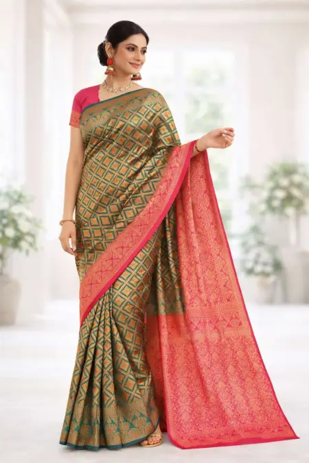 Magenta, Teal Banarasi Silk Banarasi Saree (Regular Sari)