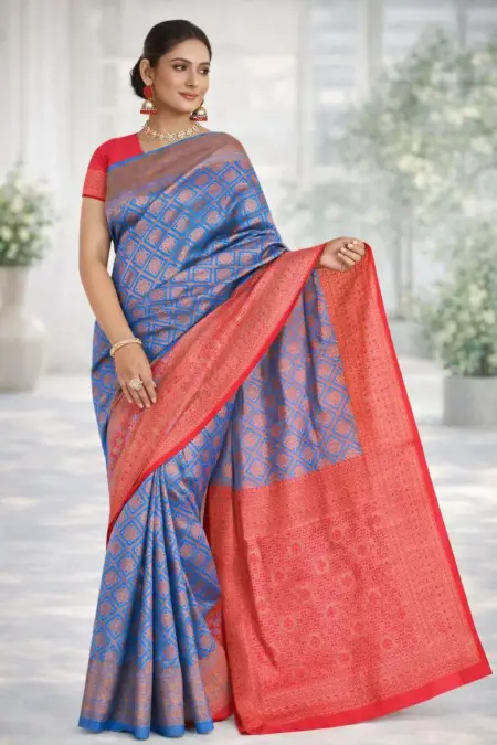 Blue, Red Banarasi Silk Banarasi Saree (Regular Sari)