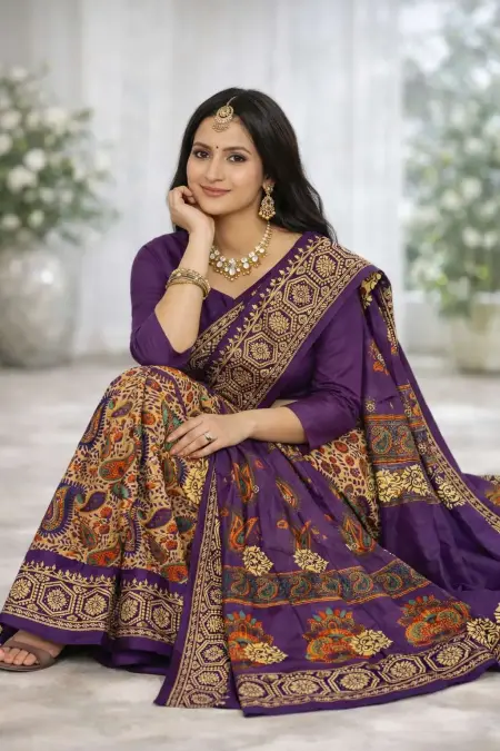 Lavender, Multicolor, Purple Cotton Bollywood Saree (Regular Sari) view 3