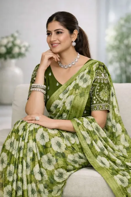 Dark Green, Green, Khaki, Light Green, Mehendi, Olive, Teal Chinon Two Tone Saree (Regular Sari) view 2
