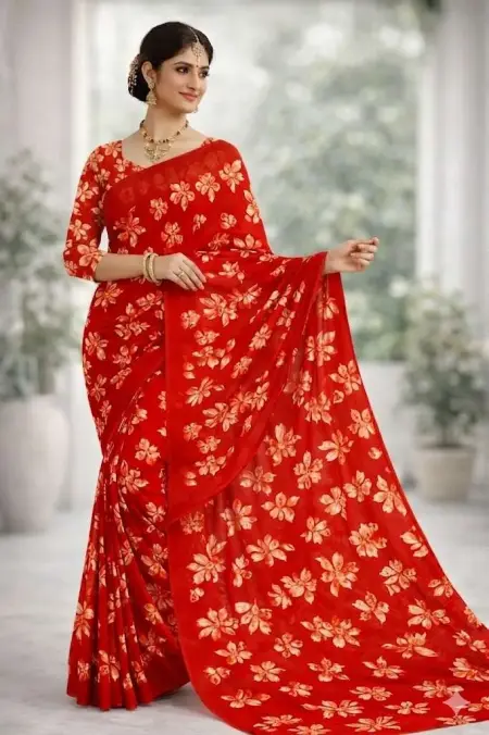Red Georgette Bandhani Saree - Casual (Regular Sari) (Free Size)