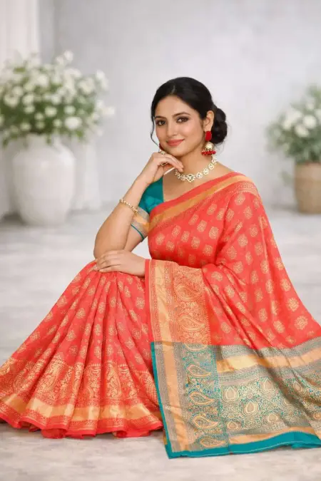 Aqua Blue, Orange, Turquoise Banarasi Silk Banarasi Saree (Regular Sari) view 3