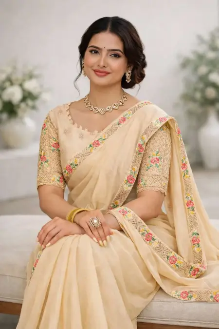 Beige Silk Blend Bollywood Saree - Festive (Regular Sari) (Free Size) view 3