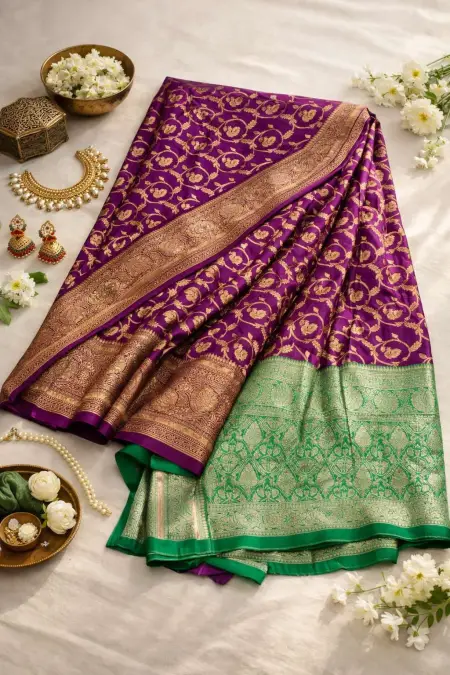 Green, Wine Banarasi Silk Banarasi Saree (Regular Sari) view 4