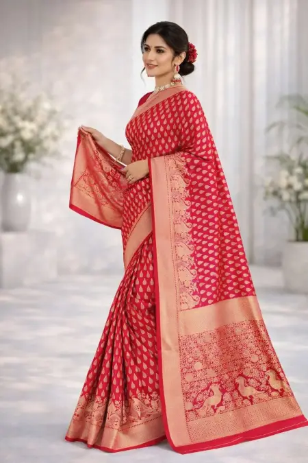 Red Art Silk Banarasi Saree view 4