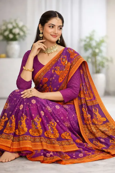 Orange, Purple Cotton Bandhani Saree (Regular Sari) view 3