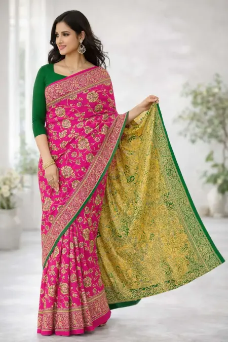 Green, Pink Banarasi Silk Banarasi Saree (Regular Sari) view 3