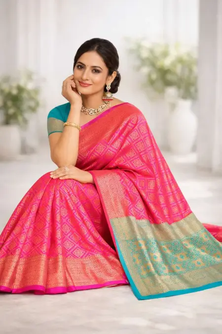Aqua Blue, Pink Banarasi Silk Banarasi Saree (Regular Sari) view 3
