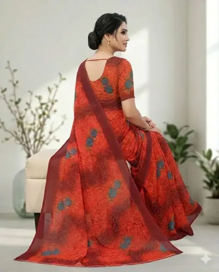 Red Georgette Bandhani Saree (Regular Sari) view 3