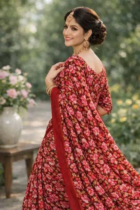 Red Georgette Bandhani Saree (Regular Sari) view 3