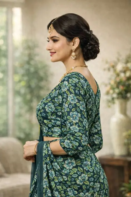 Teal Georgette Bandhani Saree (Regular Sari) view 4