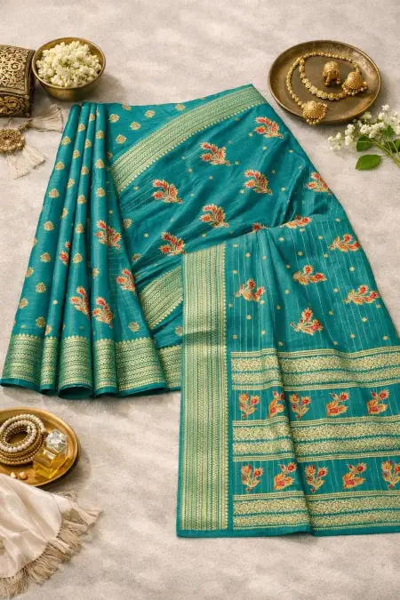 Light Green, Mint Green, Teal, Turquoise, Rama Banarasi Silk Banarasi Saree (Regular Sari) view 4