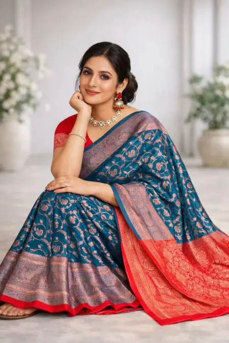 Blue, Red Banarasi Silk Banarasi Saree (Regular Sari) view 3