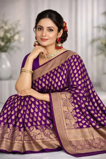 Wine Art Silk Banarasi Saree view 3