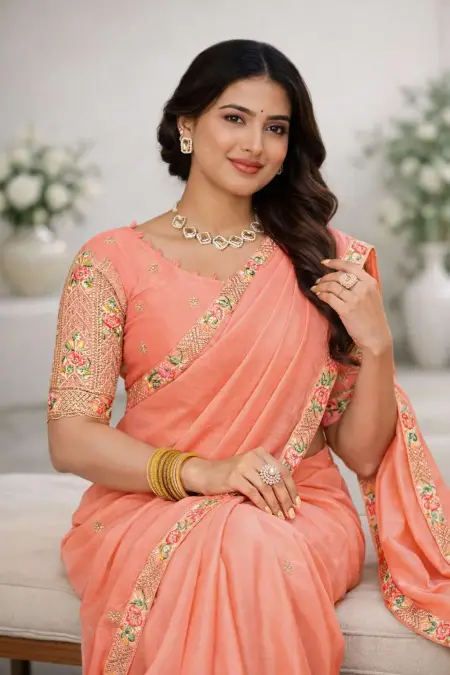 Peach Silk Blend Bollywood Saree - Festive (Regular Sari) (Free Size) view 3
