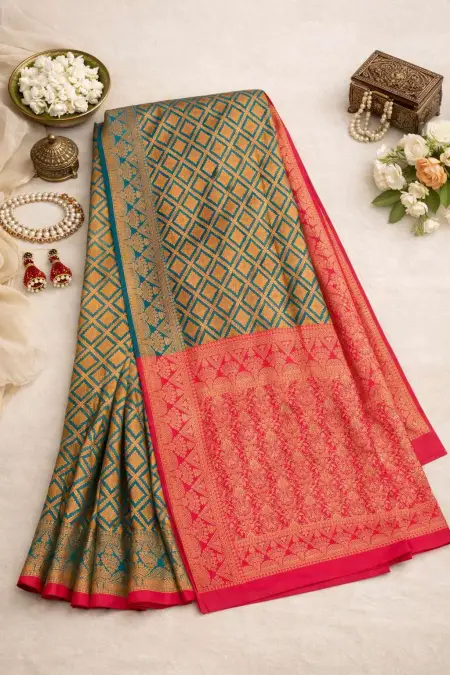 Magenta, Teal Banarasi Silk Banarasi Saree (Regular Sari) view 4