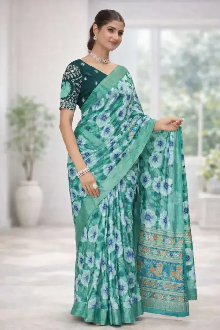 Aqua Blue, Dark Green, Green, Mint Green, Teal Chinon Two Tone Saree (Regular Sari) view 4