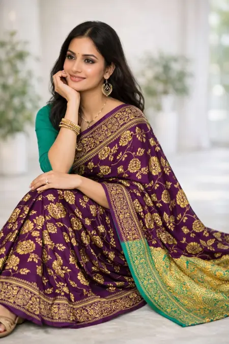 Teal, Wine Banarasi Silk Banarasi Saree (Regular Sari) view 3