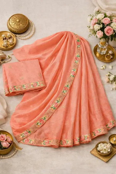 Peach Silk Blend Bollywood Saree - Festive (Regular Sari) (Free Size) view 4
