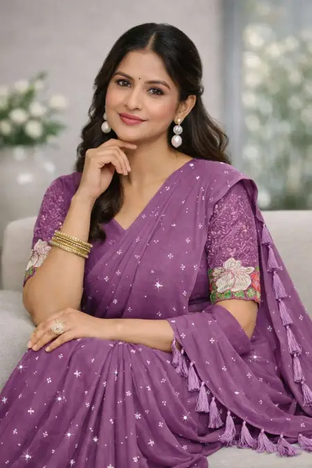 Lavender Georgette Bollywood Saree (Regular Sari) view 3
