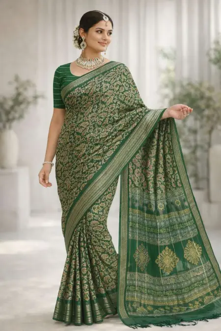 Dark Green, Green, Light Green, Mehendi, Olive Banarasi Silk Banarasi Saree - Casual (Regular Sari) (Free Size)