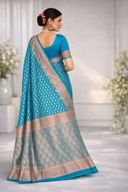 Aqua Blue Art Silk Banarasi Saree view 2