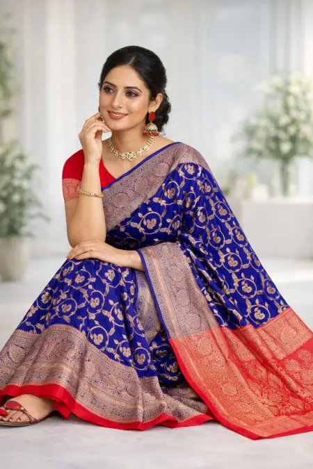 Indigo, Navy Blue, Pink Banarasi Silk Banarasi Saree (Regular Sari) view 3