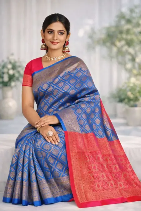 Blue, Red Banarasi Silk Banarasi Saree (Regular Sari) view 3
